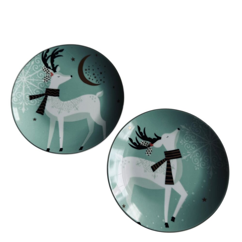 Vintage Pier 1 Christmas Reindeer Appetizer Dessert Plates Set Of 2 Aqua Festive